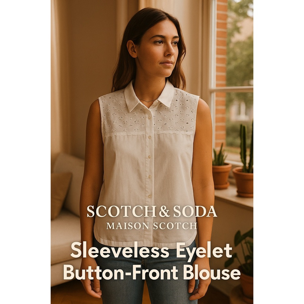 Scotch &‎ Soda Maison Scotch Eyelet Sleeveless Blouse White Linen Blend Sz 2 NWT